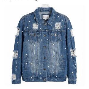 BETWEEN US Pearl Embellished Distressed Denim Jacket Size 3X